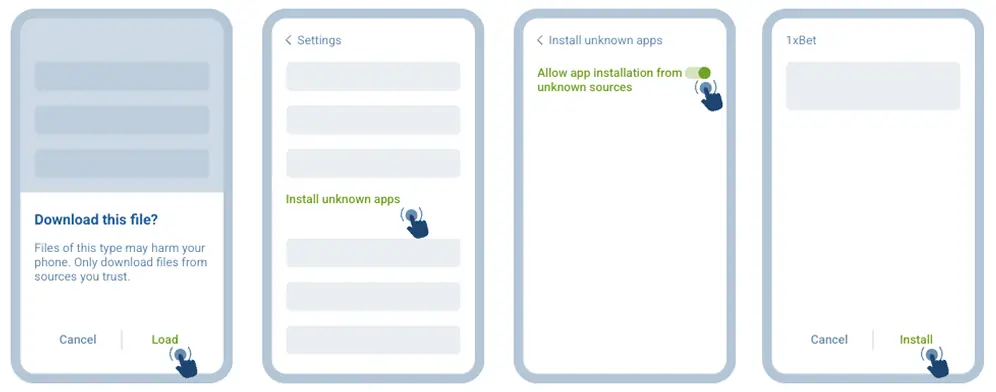 Steps to install the 1xBet: download the file, allow unknown sources and install the app