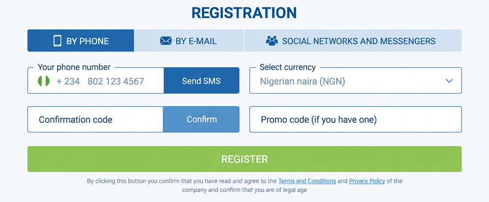 1xBet registration form with phone, email and social network options