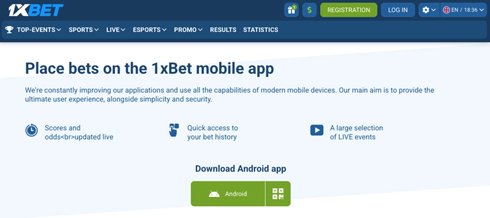 1xBet mobile app for Android with sports betting features and download options