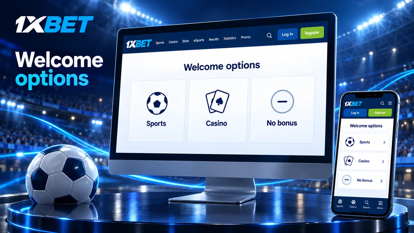 Sports, casino and no-bonus choices illustrated on desktop and mobile