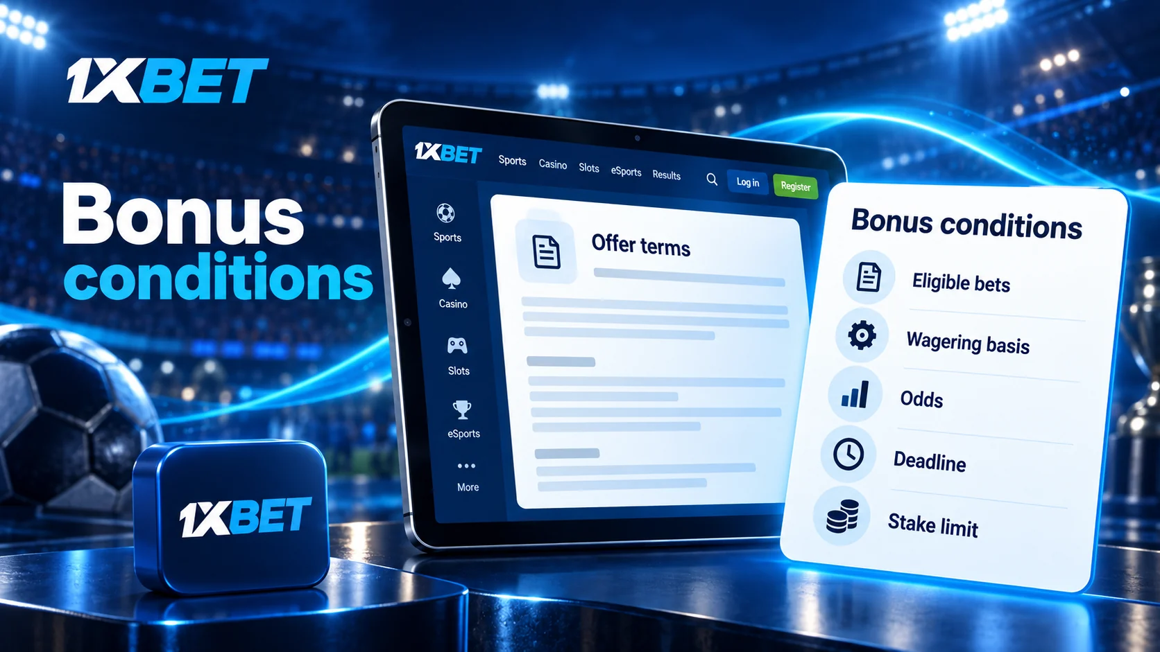 Illustration of bonus terms including eligible bets, wagering basis, odds, deadline and stake limit