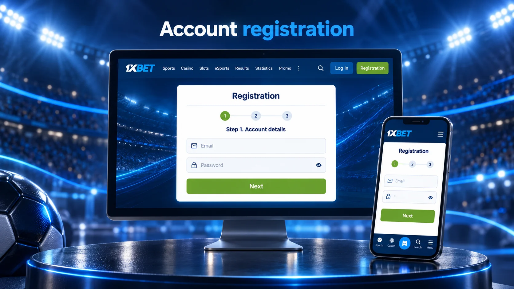 Illustration of desktop and mobile account registration on a blue stadium background