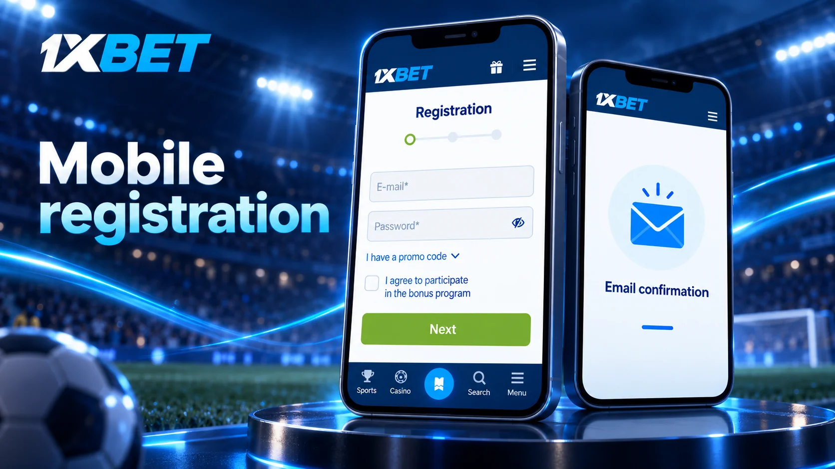 Mobile registration and email confirmation illustrated on two phones